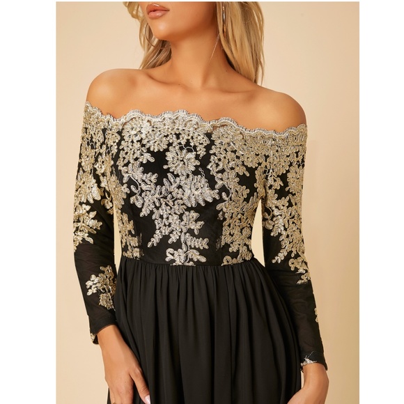 Off Shoulder Embroidered High Slit Maxi Dress Black Gold Long Sleeve - Picture 11 of 16